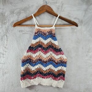 American Rag San Diego Crochet Halter Chevron Knit Sleeveless Crop Oatmeal Sz‎ S